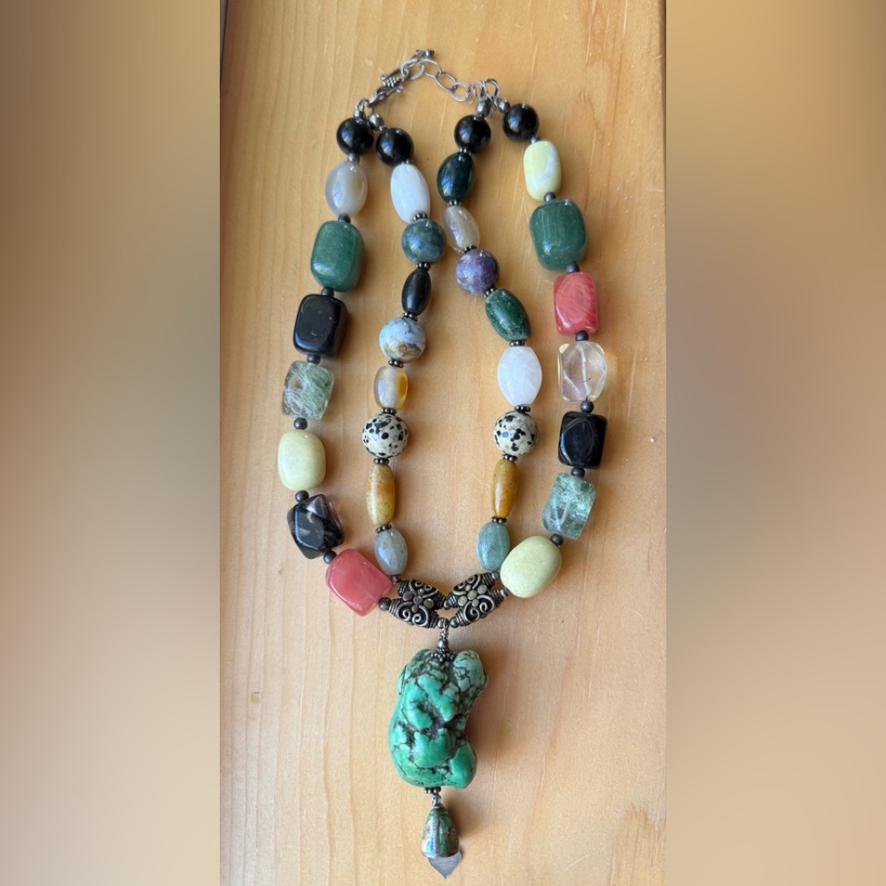 Boho Statement Necklace Mixed Gemstone Beads With… - image 1